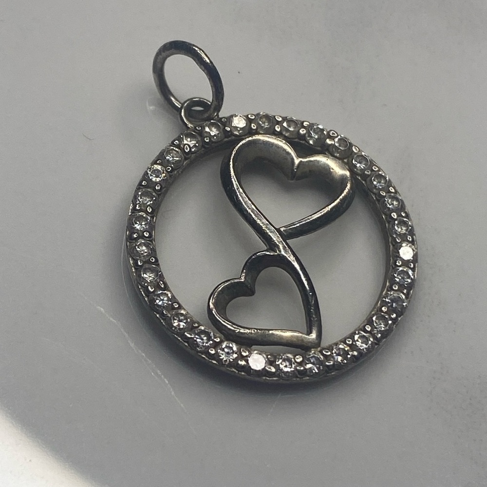 Twin heart pendant‎ with eternity CZ circle 925 sterling silver